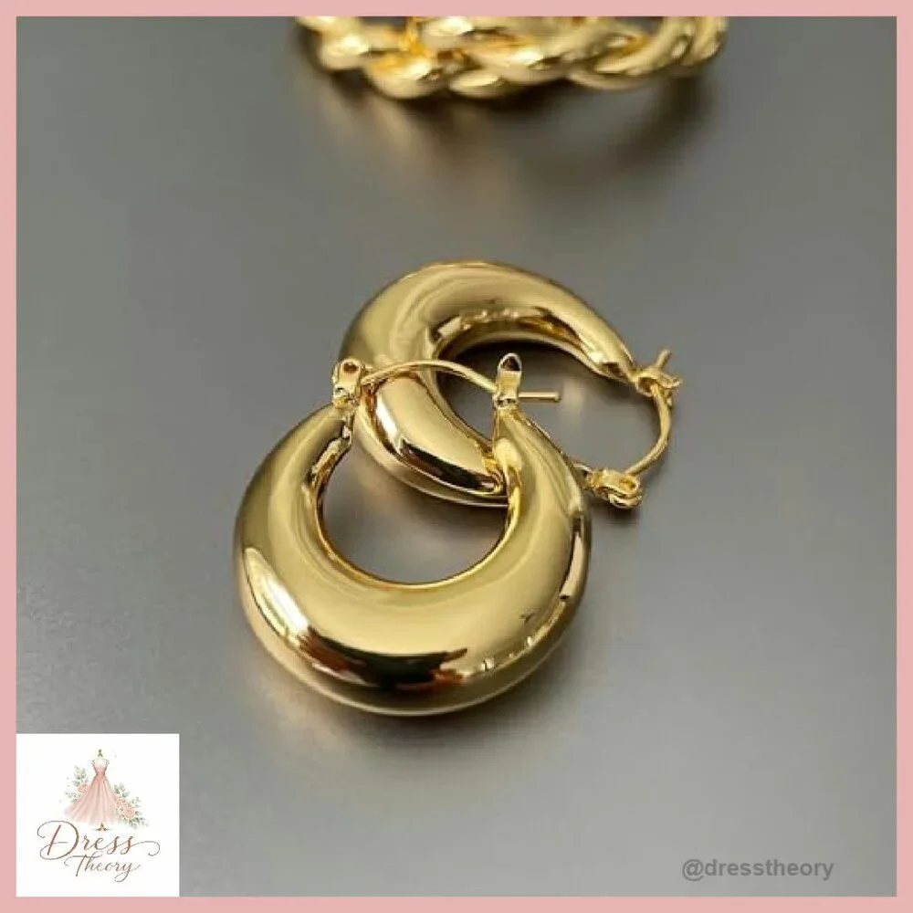 14K Gold Plated Chunky Triple Hoop Earrings Hypoallergenic 30mm - Picture 7 of 8